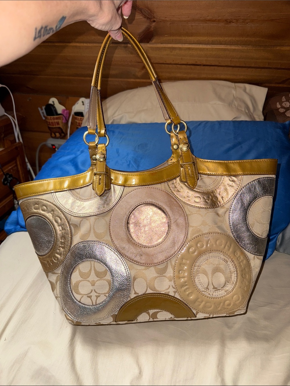 Coach Metallic Circle Tote in Gold, Silver and Cream Handbag, purse. Pocketbook